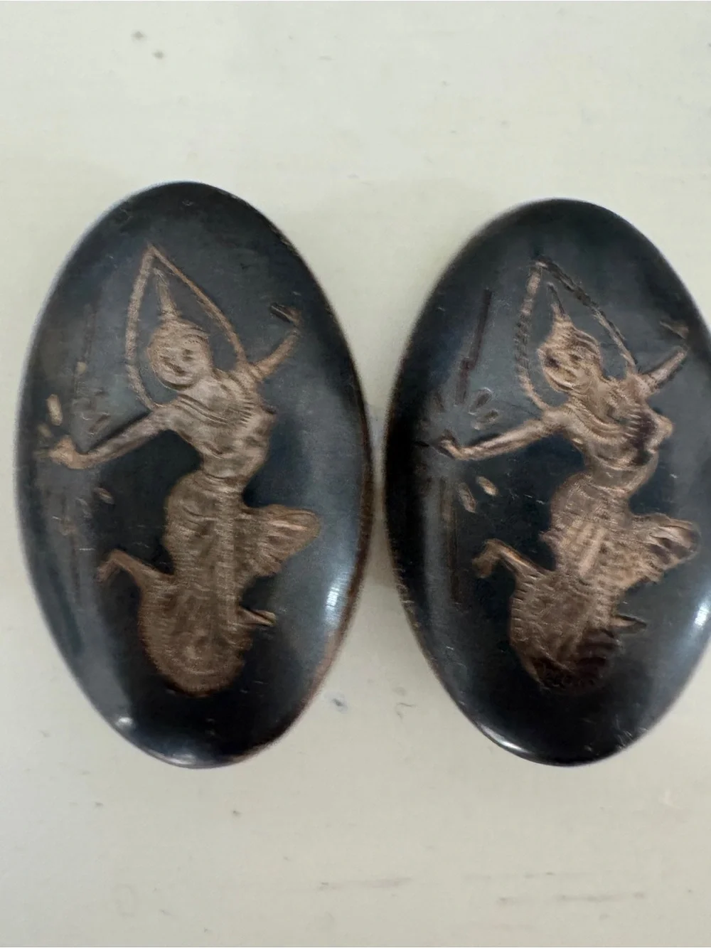 RARE Sterling Silver SIAM Niello Dancing Goddess Thai Asian Black Clip Earrings